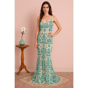 New Vero Alfie Vestido Camobriu Beaded Mesh Maxi Dress Mermaid Small Sheer
